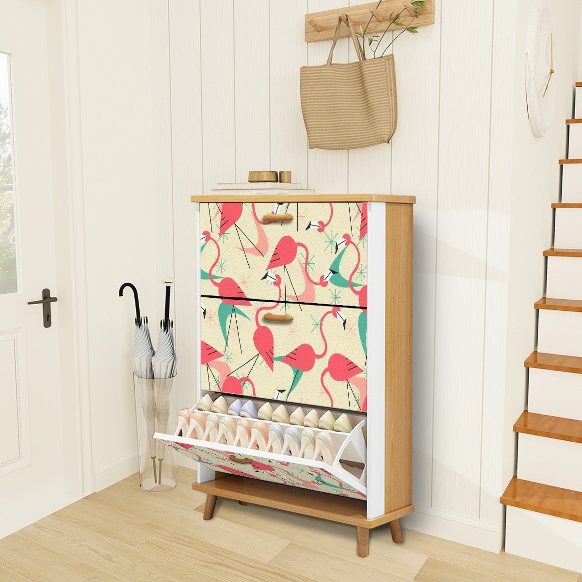 Mid Century Modern Shoe Cabinet Adorned in Kitschy Retro Dance Party Flamingos - Mid Century Modern Gal