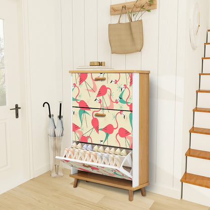 Mid Century Modern Shoe Cabinet Adorned in Kitschy Retro Dance Party Flamingos - Mid Century Modern Gal