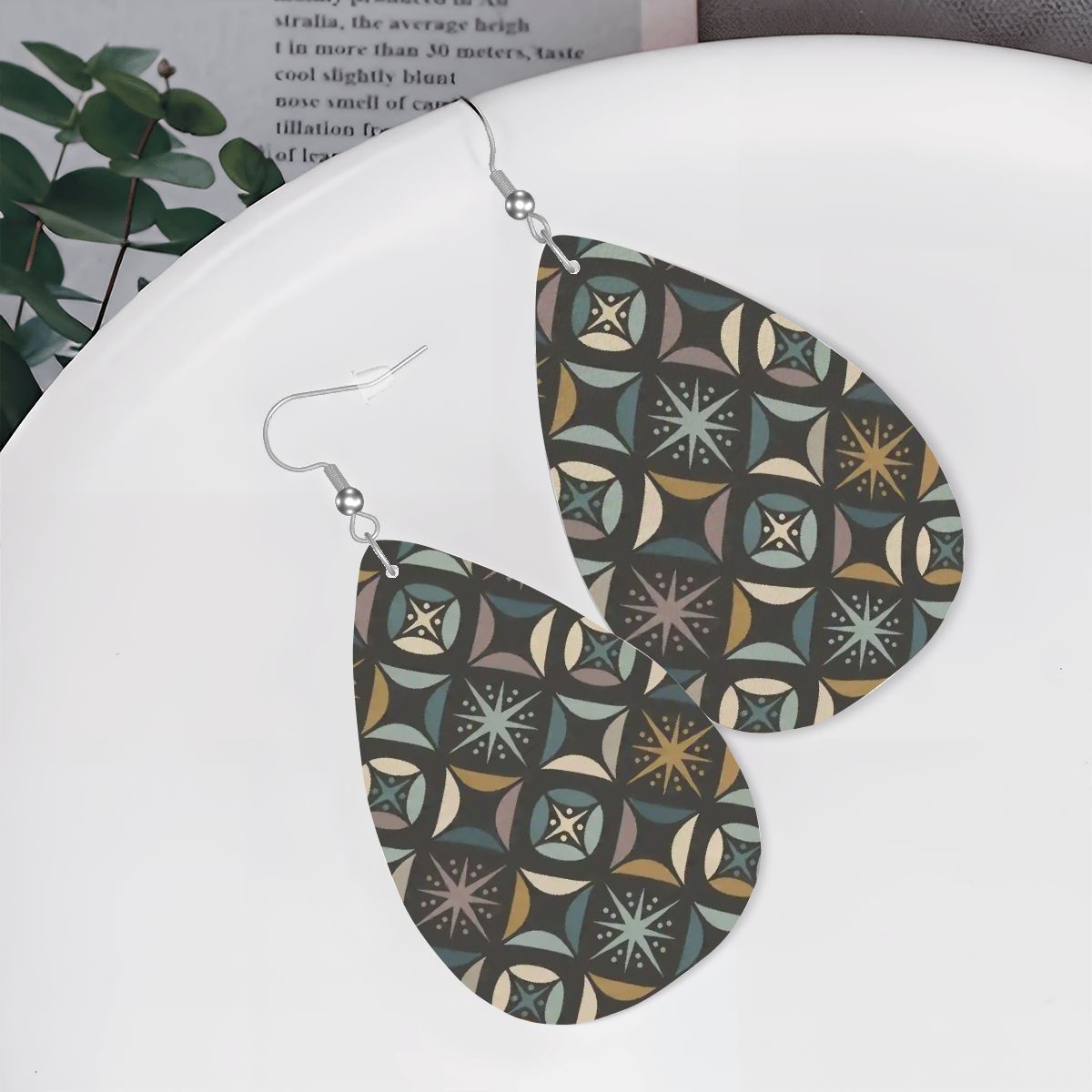 Mid Century Modern Elegant Gray Geometric Starburst  Vegan Leather Teardrop Earrings - Mid Century Modern Gal