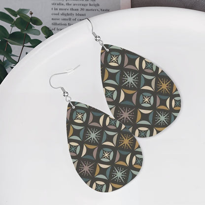 Mid Century Modern Elegant Gray Geometric Starburst  Vegan Leather Teardrop Earrings - Mid Century Modern Gal