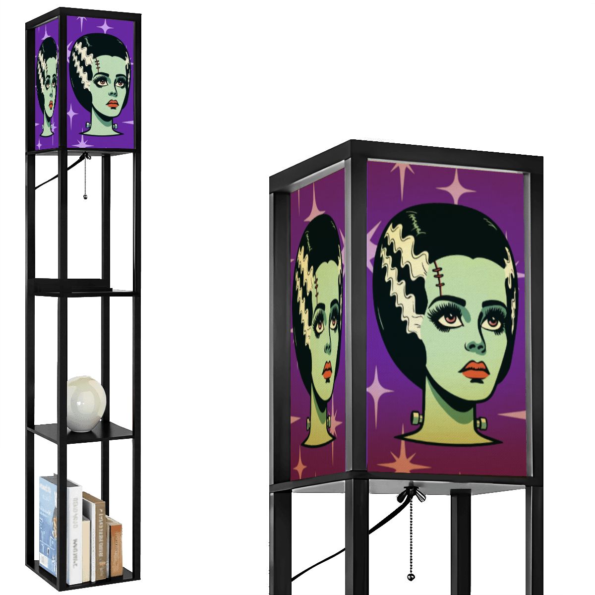 Bride of Frankenstein Retro Mid Mod Horror Buff Purple Halloween Floor Lamp with Shelves - Mid Century Modern Gal