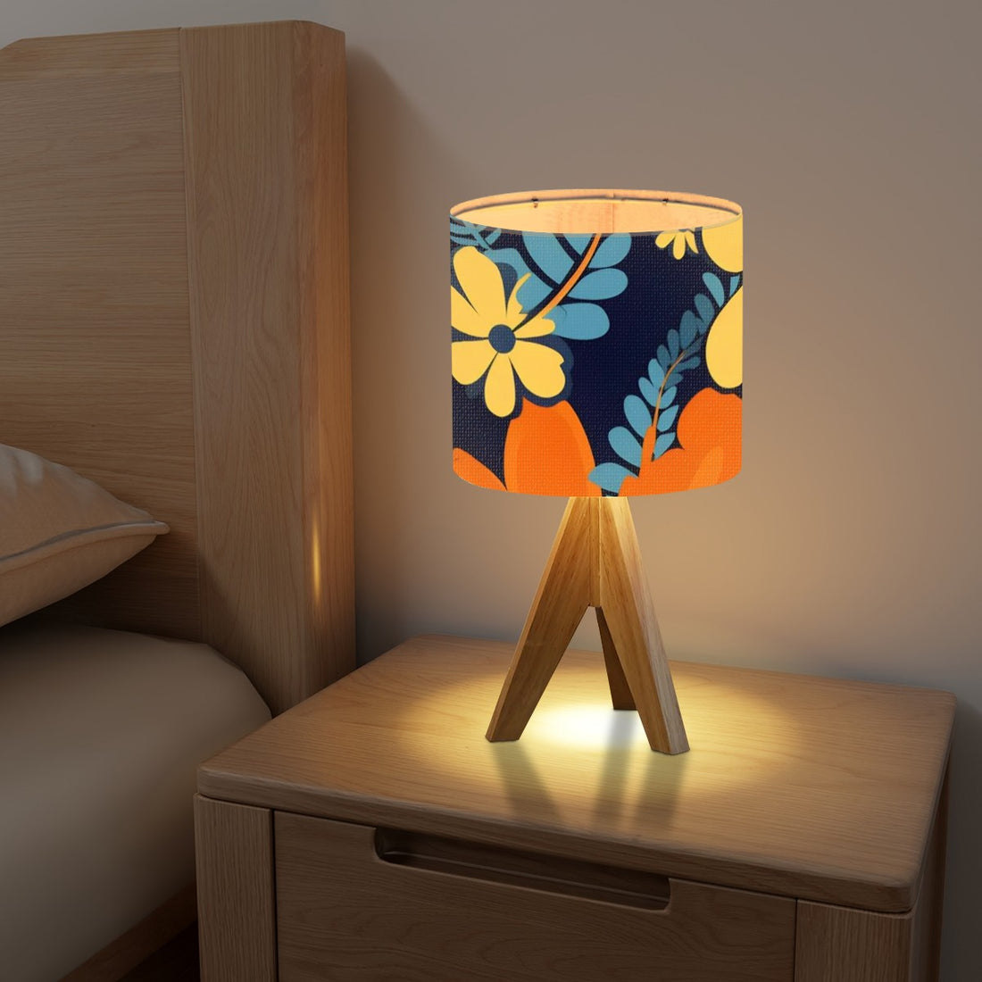 Boho Floral Royal Blue, Orange Yellow Mid Mod Tripod Table Lamp - Mid Century Modern Gal