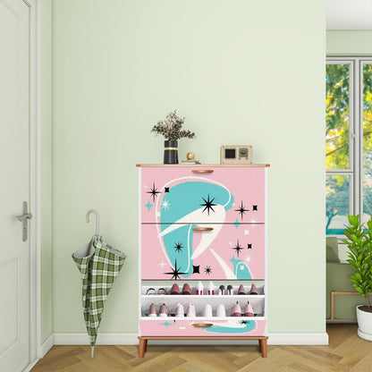 Atomic Starbursts And Boomerangs, Pink Aqua, White Mid Century Modern Shoe Cabinet - Mid Century Modern Gal