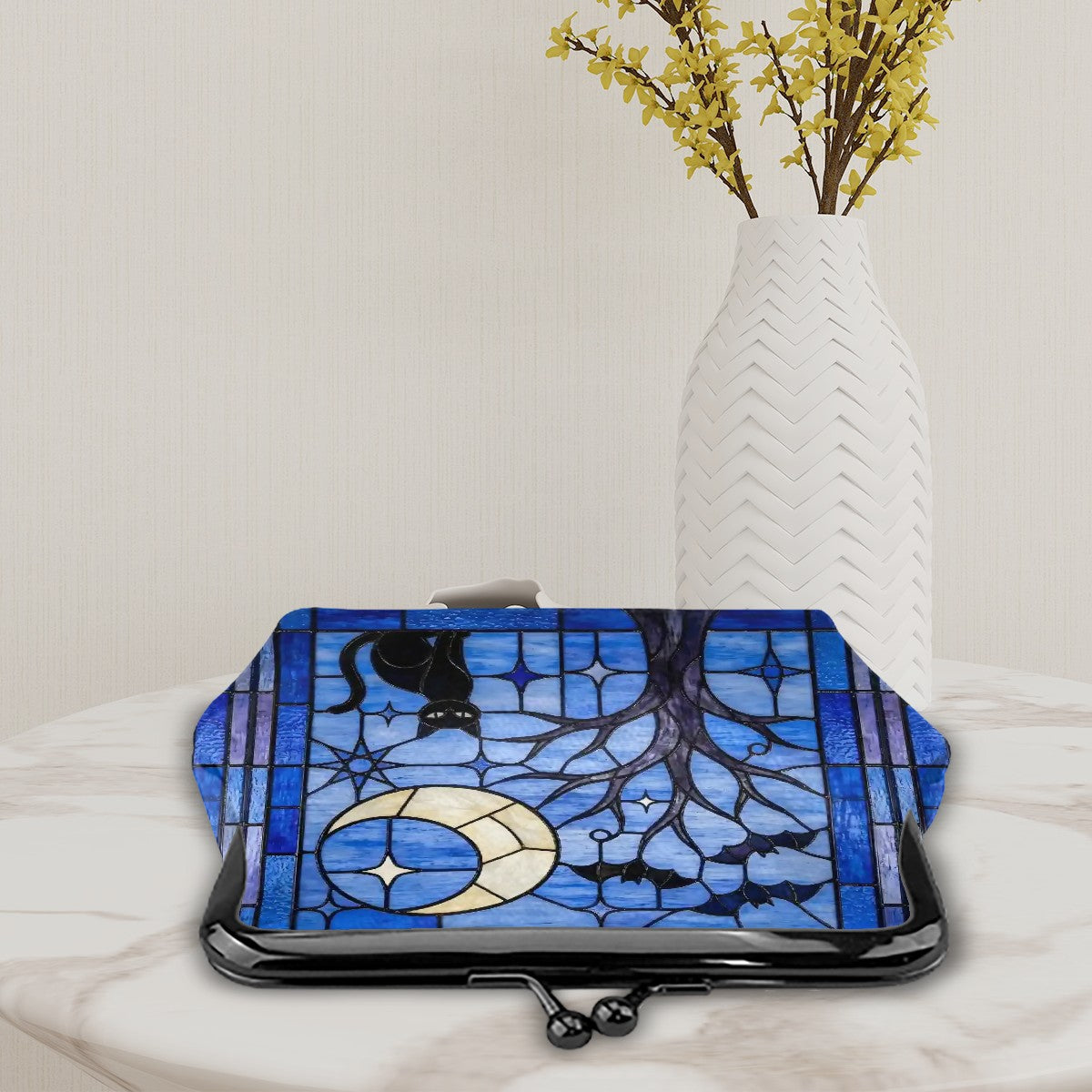 Halloween Stained Glass Style Night Sky Black Cat Coin Purse
