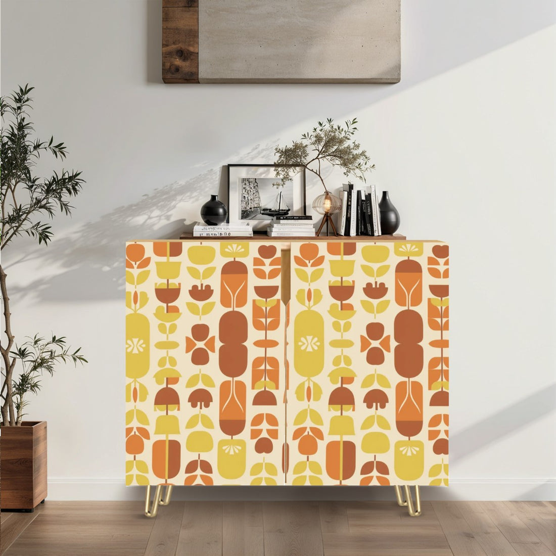 Mid Century Modern Nordic Modern Danish Moderinsm Orange, Yellow Floral Wooden Storage Cabinet - Mid Century Modern Gal