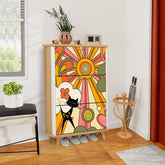 Retro Groovy 70s Sunshine Mid Mod Shoe Cabinet Adorned WIth Hippie Vibes And Atomic Cat - Mid Century Modern Gal