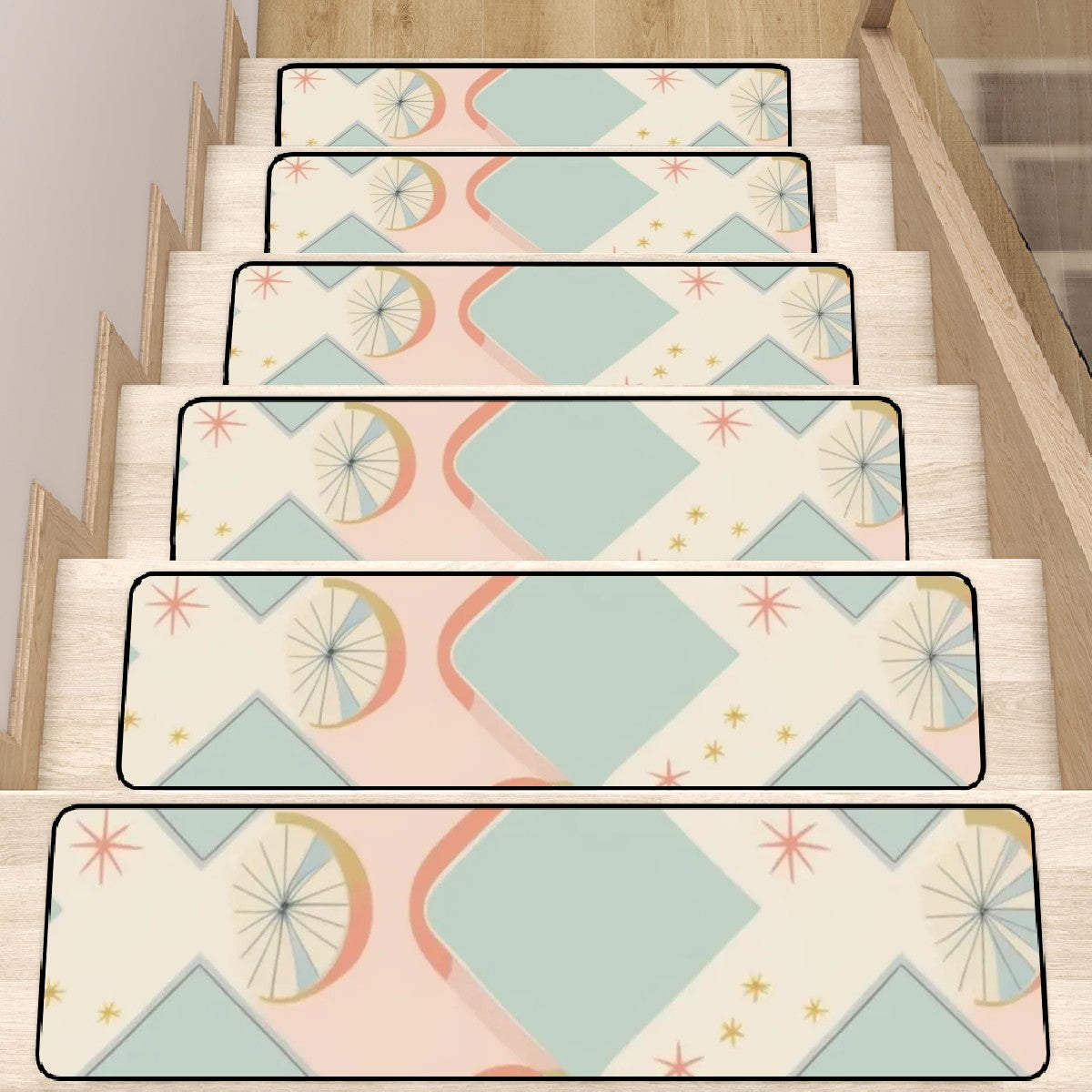 Mid Century Modern Atomic Starburst Aqua Pink MCM Non Slip Carpet for Stairs Treads - Mid Century Modern Gal