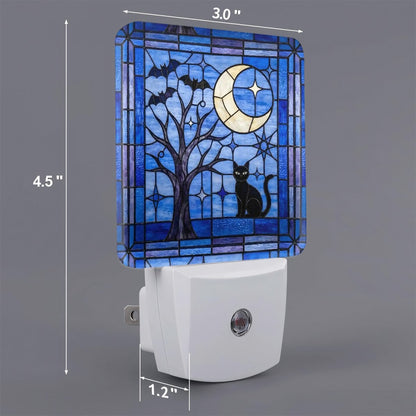 Halloween Stained Glass Style Night Sky Black Cat LED Night Light Set of 2