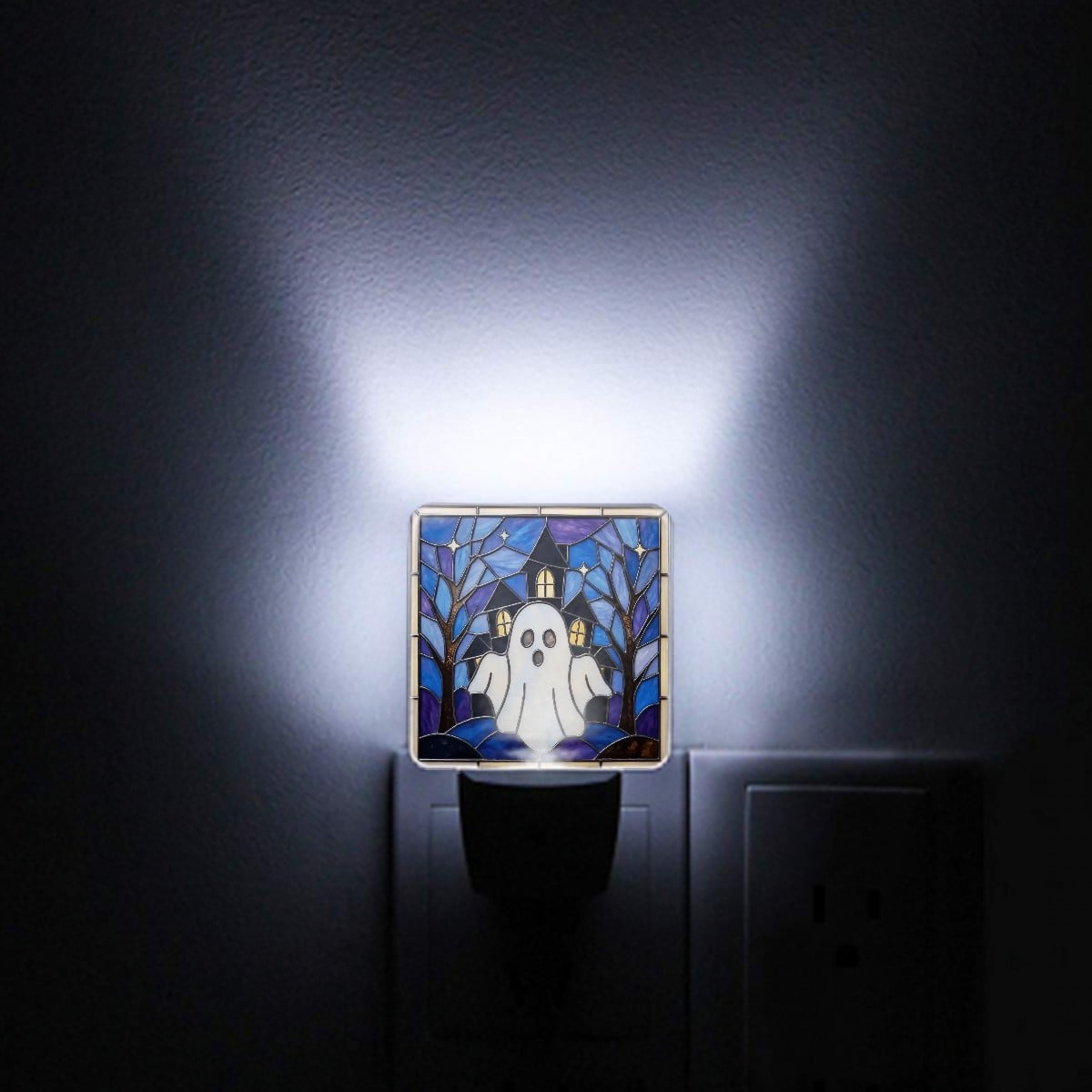 Halloween Stained Glass Style Ghost Haunted House LED Night Light Set of 2