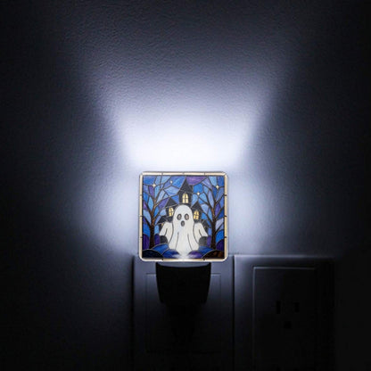 Halloween Stained Glass Style Ghost Haunted House LED Night Light Set of 2