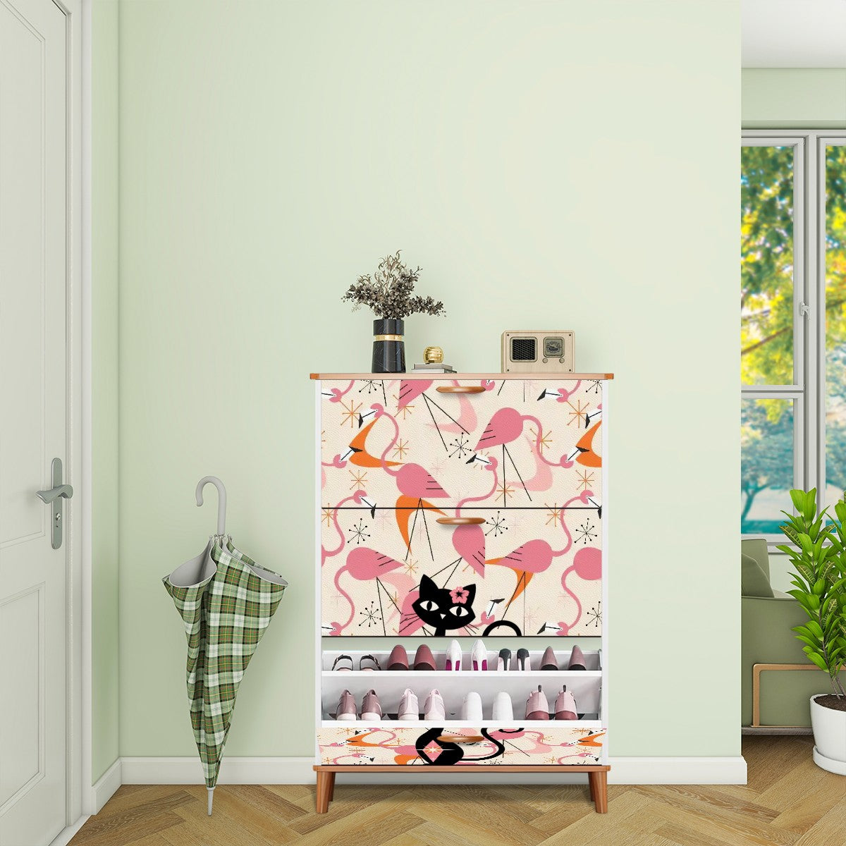 Mid Century Modern Flamingos, Atomic Cat Kitschy Mod Shoe Storage Cabinet - Mid Century Modern Gal