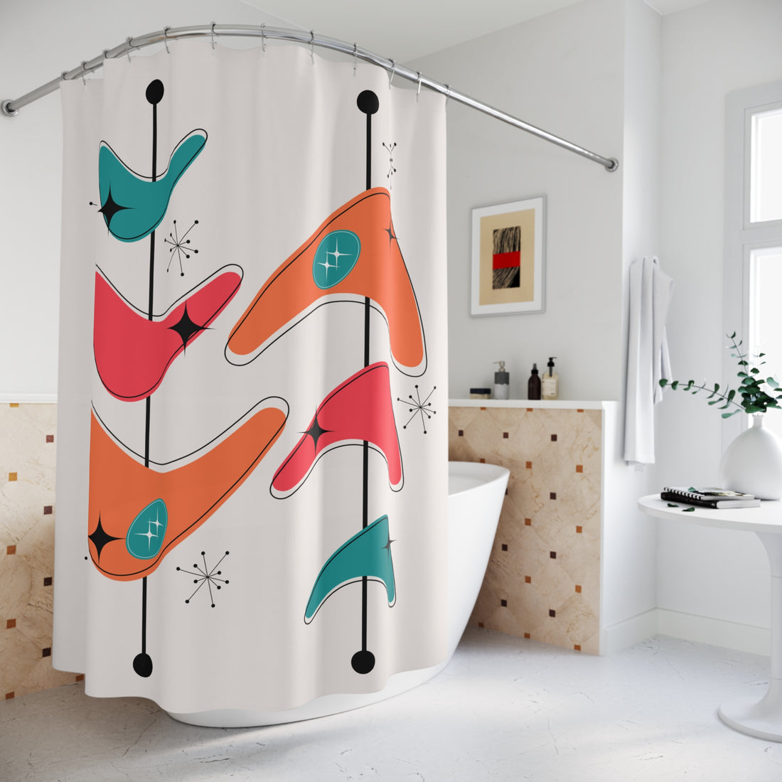 Mid Century Modern Shower Curtain, Atomic Boomerang, Starburst Space Age Decor - Mid Century Modern Gal