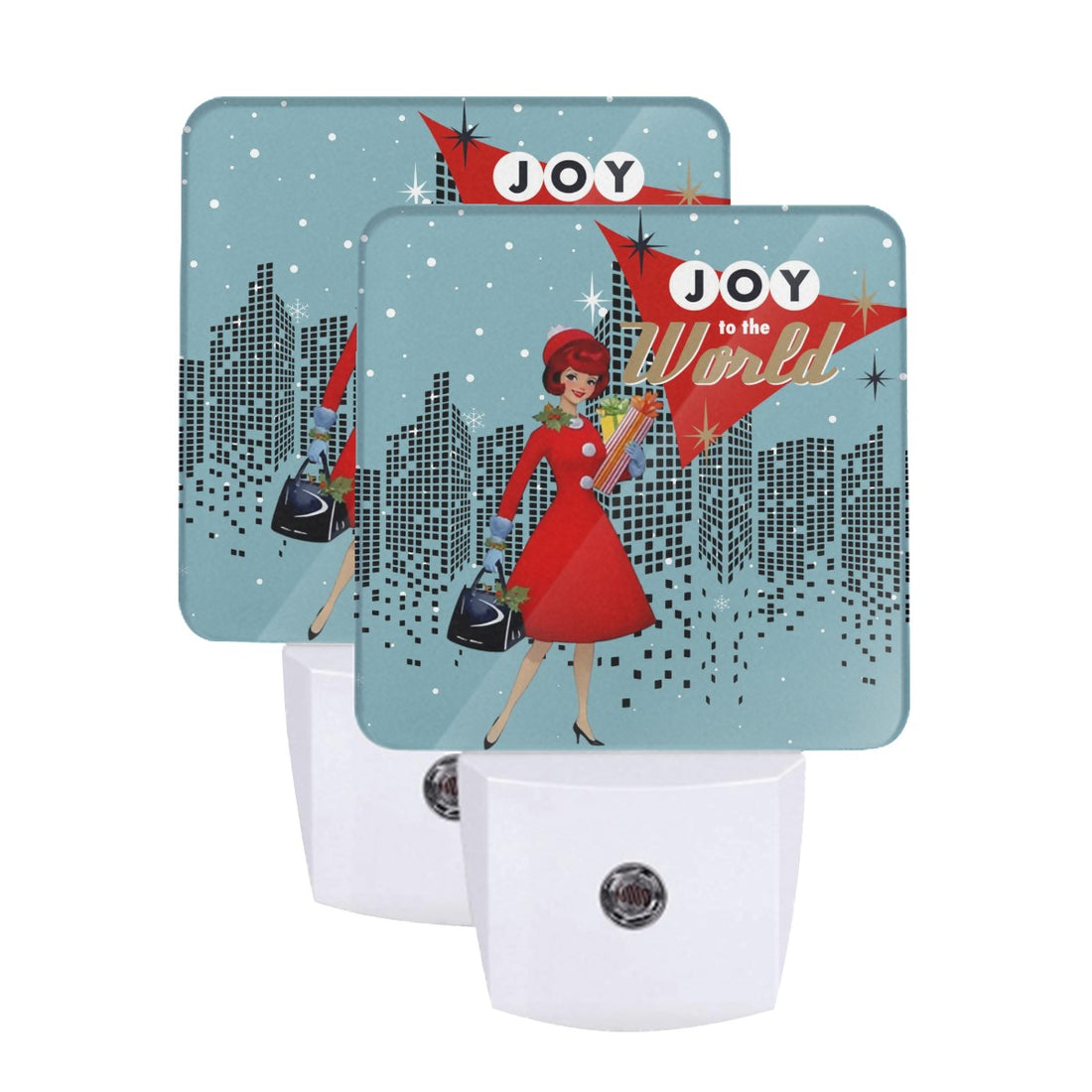 Mid Century Modern Christmas 50s Retro City Gal Joy To The World LED Night Light Set of 2 - Mid Century Modern Gal