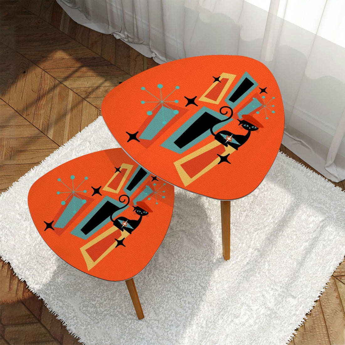 Mid Century Modern Nesting Tables, Orange, Atomic Kitschy Cat, Retro Triangle Coffee Table Set - Mid Century Modern Gal
