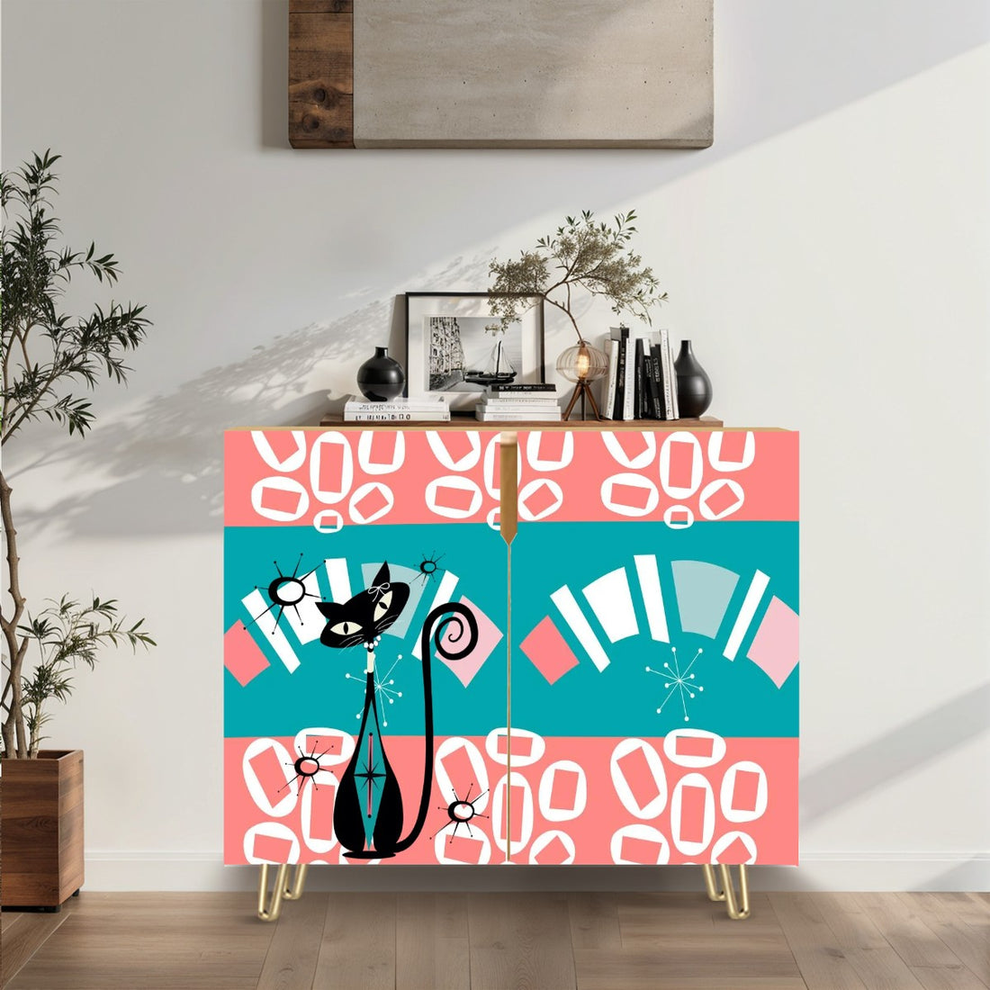 Mid Century Modern Side Board Credenza, Coral, Teal Atomic Age Wooden Storage Cabinet - Mid Century Modern Gal