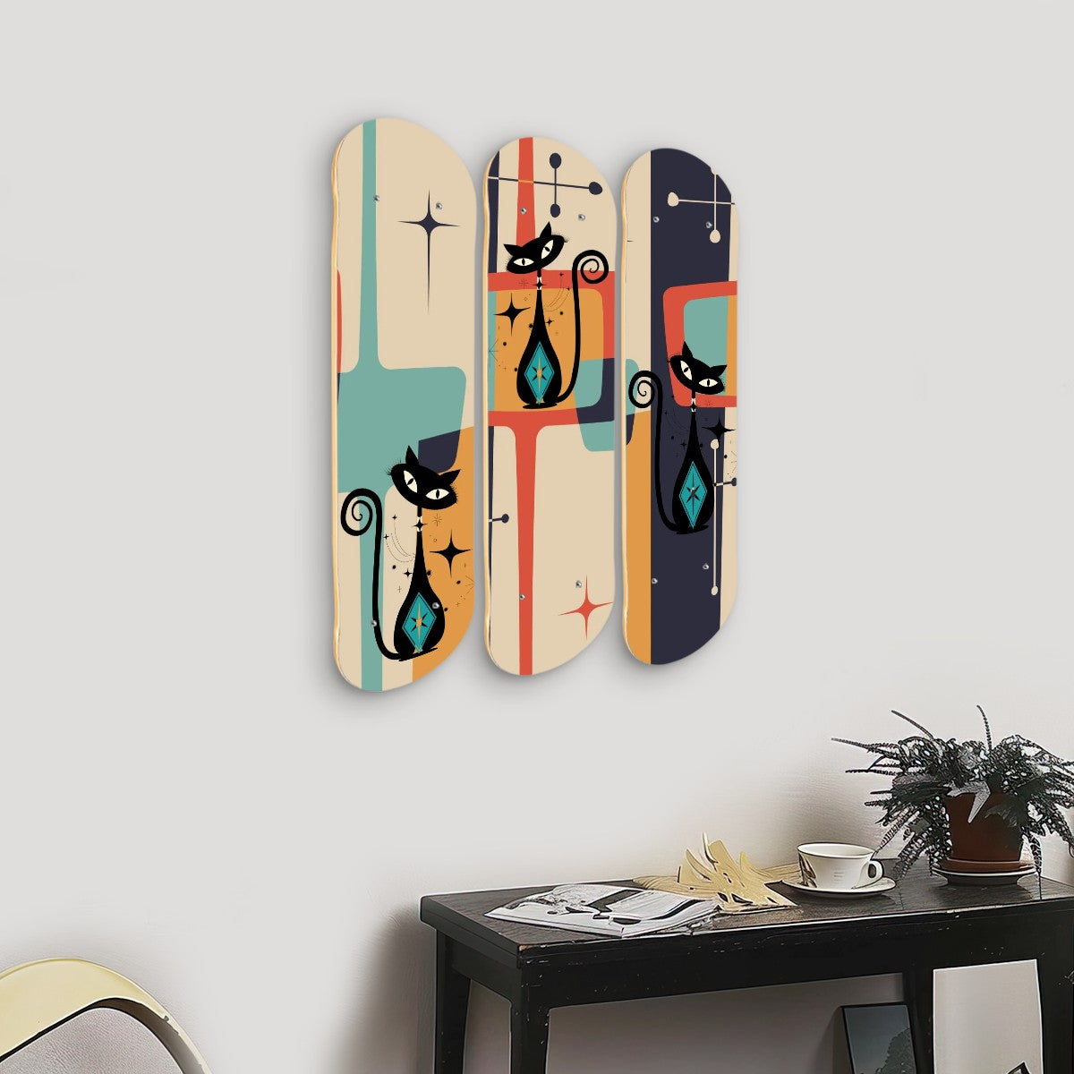 Mid Century Modern Wood Wall Art, Atomic Cat, Kitschy Quirky Oblong Panels - Mid Century Modern Gal
