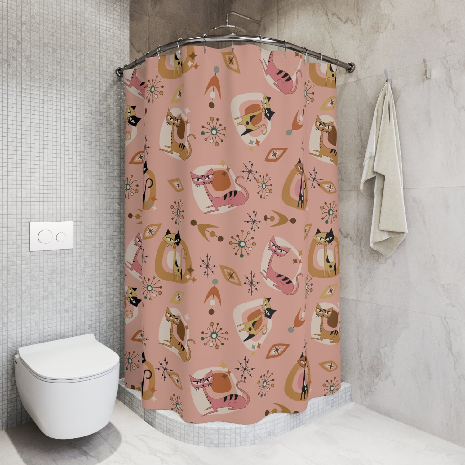 Atomic Cat Shower Curtain 50s Kitschy MCM Gal, Pink, Mid Mod Bath Decor