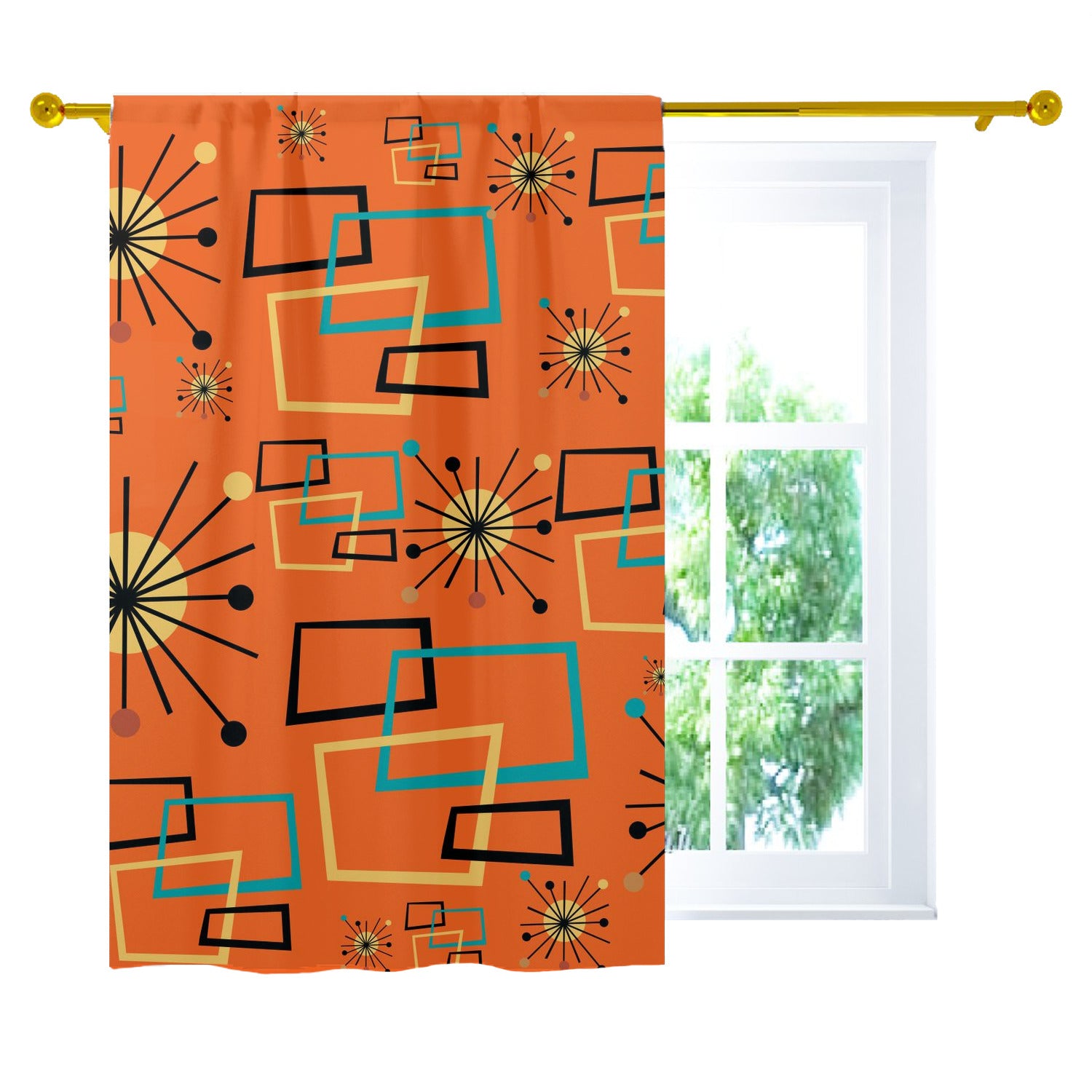 Mid Century Modern Atomic Starburst Orange Curtain, Single Panel - Mid Century Modern Gal