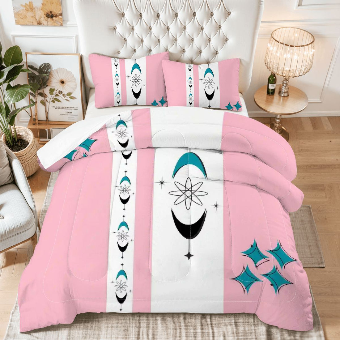 Atomic 50s Pink, Teal Mid Century Modern Bedding King Comforter Set - Mid Century Modern Gal