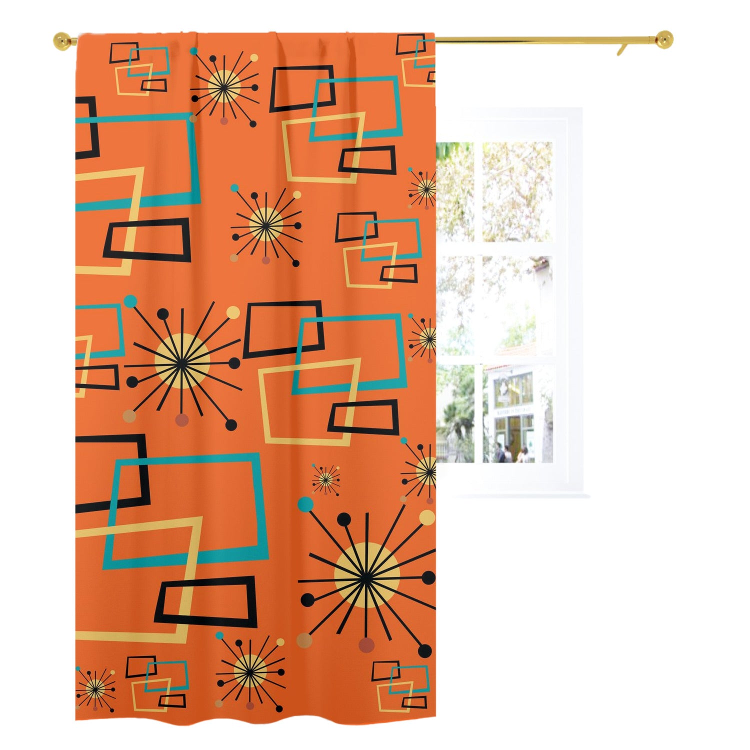 Mid Century Modern Atomic Starburst Orange Curtain, Single Panel - Mid Century Modern Gal