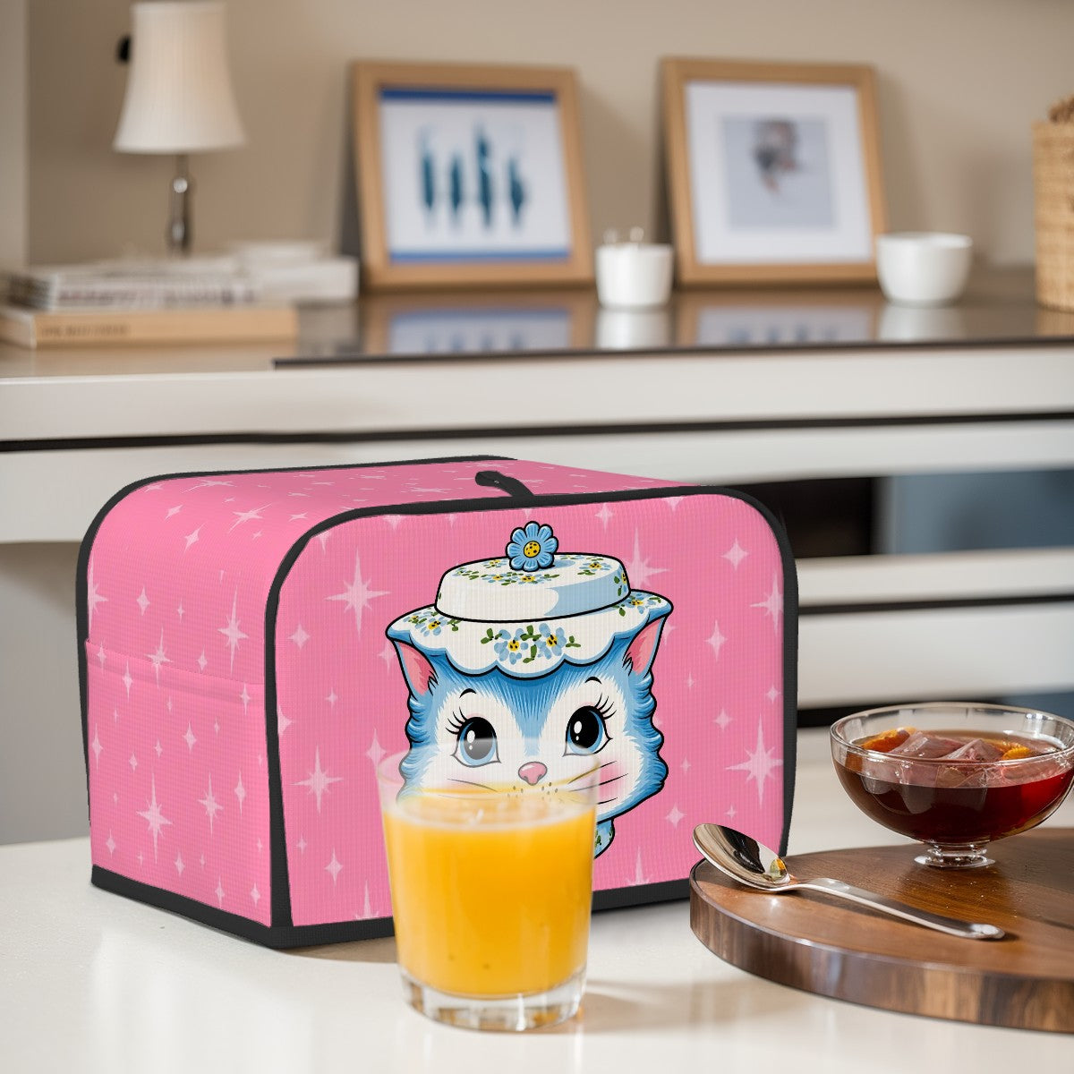 Mid Century Modern Kitschy Anthropomorphic Blue Cat with Floral Hat 2 Slice Toaster Cover - Mid Century Modern Gal