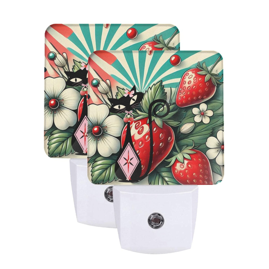 Atomic Cat Retro Strawberry Set Of Two Plug In Night Lights - Mid Century Modern Gal