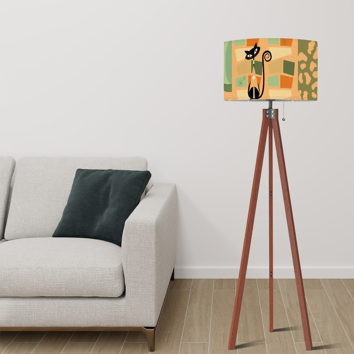 Atomic Cat Mid Century Modern Tripod Floor Lamp, Light Coral Orange, Green Mod Home Lighting