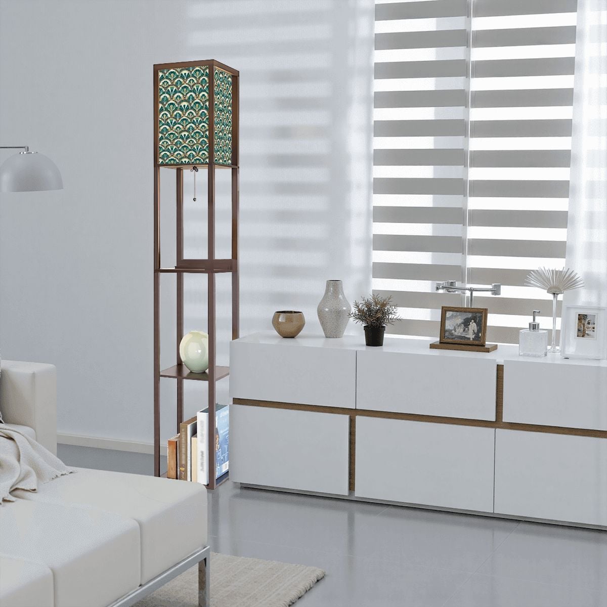 Art Deco Peacock Inspired Floor Lamp with Shelves