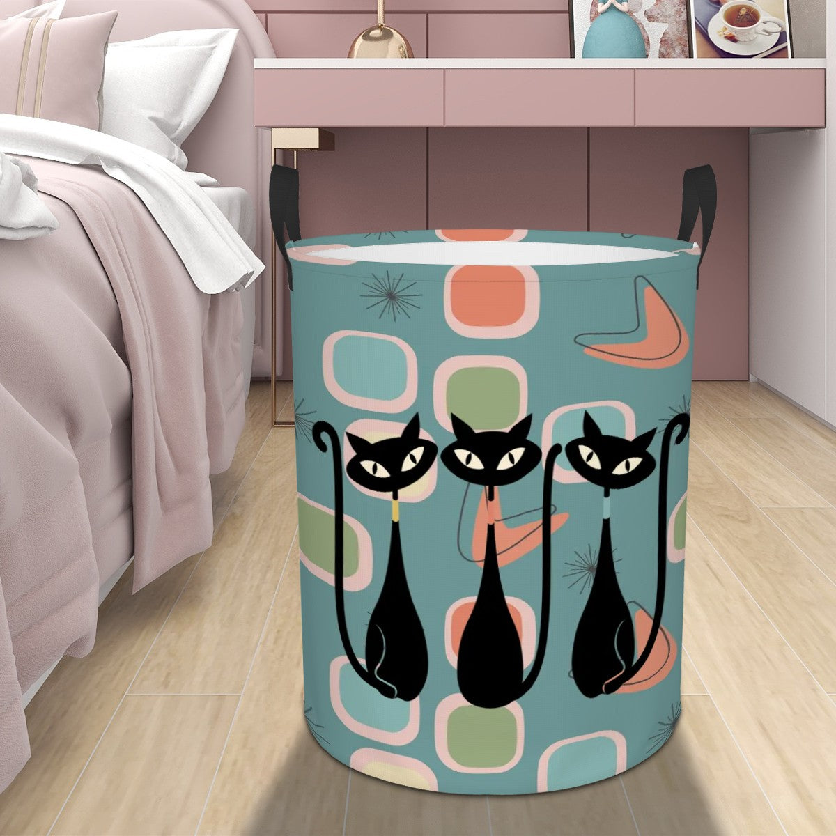 Mid Century Modern Kitschy Cats, Retro MCM Circular Laundry Basket