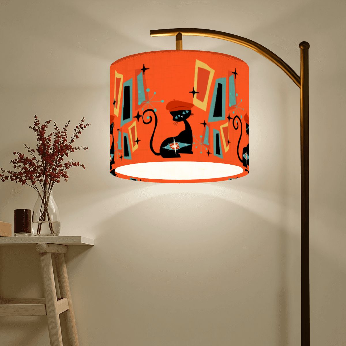 Mid Century Modern Atomic Cat , Orange Geometric Starburst Sputnik Designed Retro Arc Floor Lamp - Mid Century Modern Gal