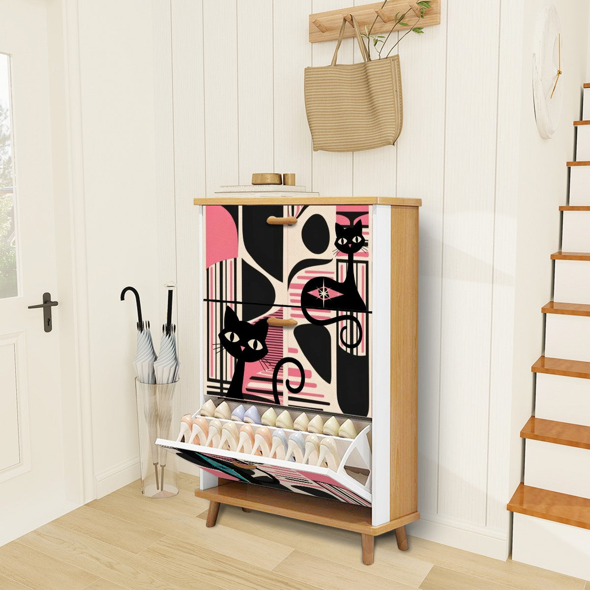 Mid Century Modern Shoe Cabinet, Black, Pink Atomic Cats Mid Mod Storage Organization - Mid Century Modern Gal