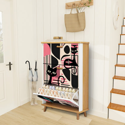 Mid Century Modern Shoe Cabinet, Black, Pink Atomic Cats Mid Mod Storage Organization - Mid Century Modern Gal