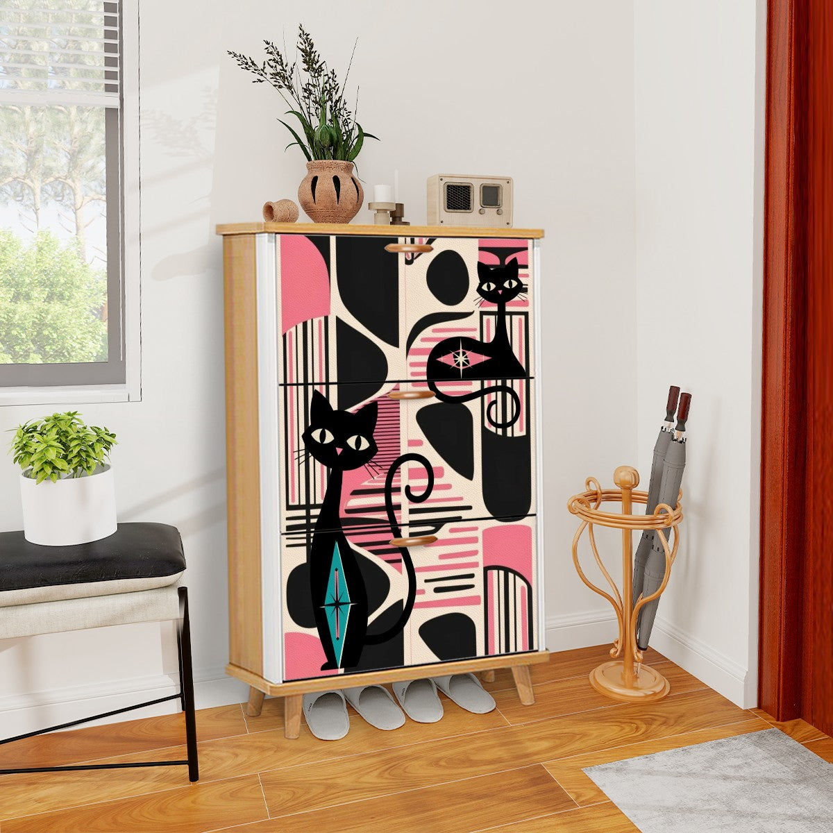 Mid Century Modern Shoe Cabinet, Black, Pink Atomic Cats Mid Mod Storage Organization - Mid Century Modern Gal
