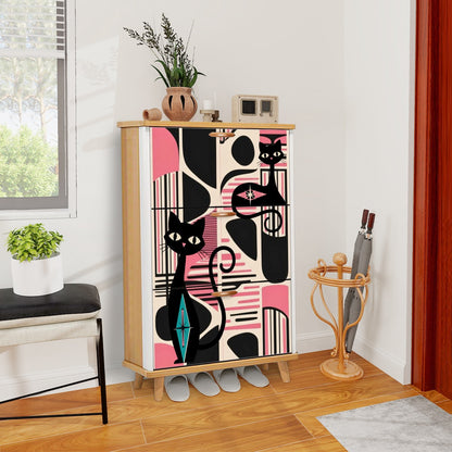 Mid Century Modern Shoe Cabinet, Black, Pink Atomic Cats Mid Mod Storage Organization - Mid Century Modern Gal