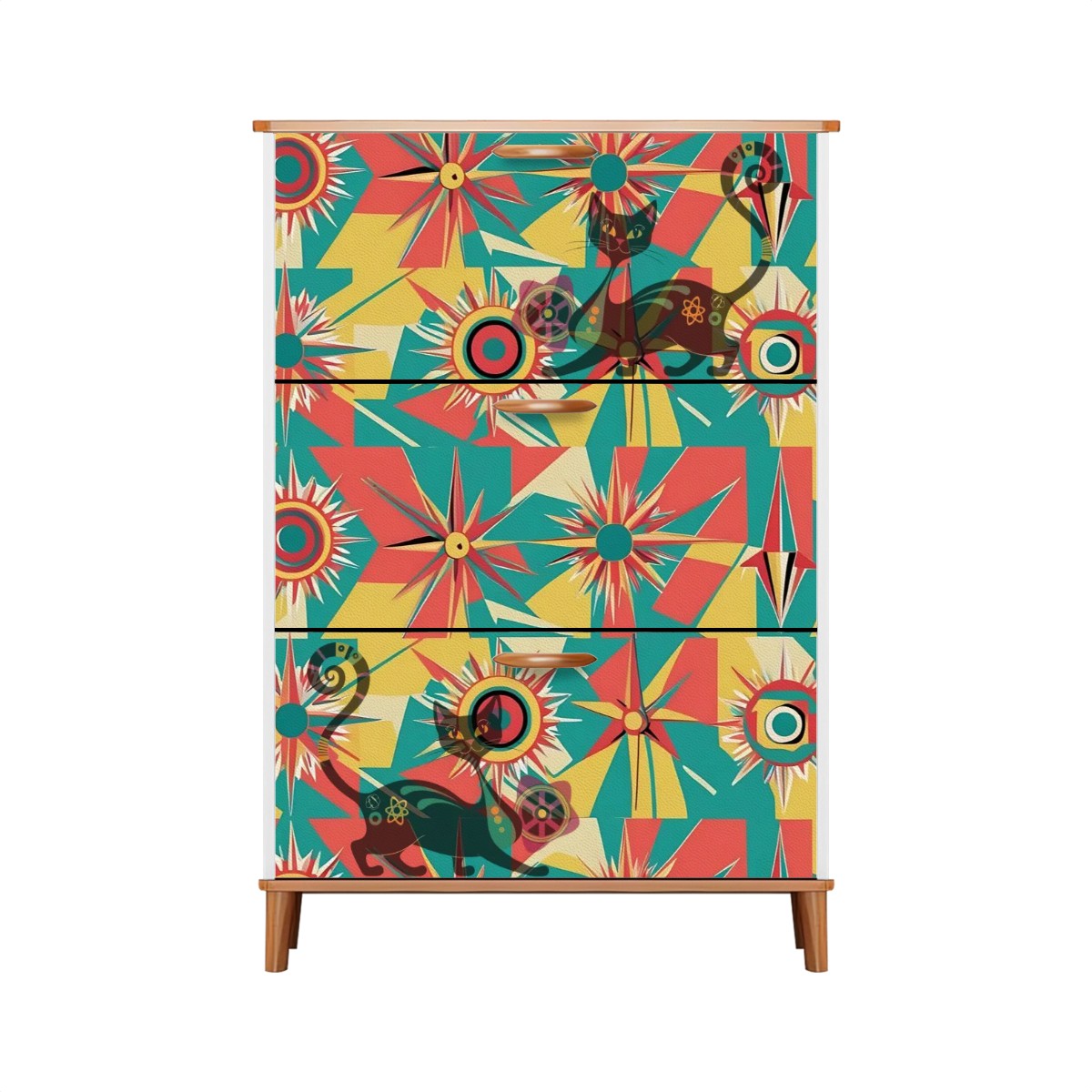 Mid Century Modern Atomic Cat, Coral, Yellow, Teal Mod Retro Funky Shoe Cabinet - Mid Century Modern Gal