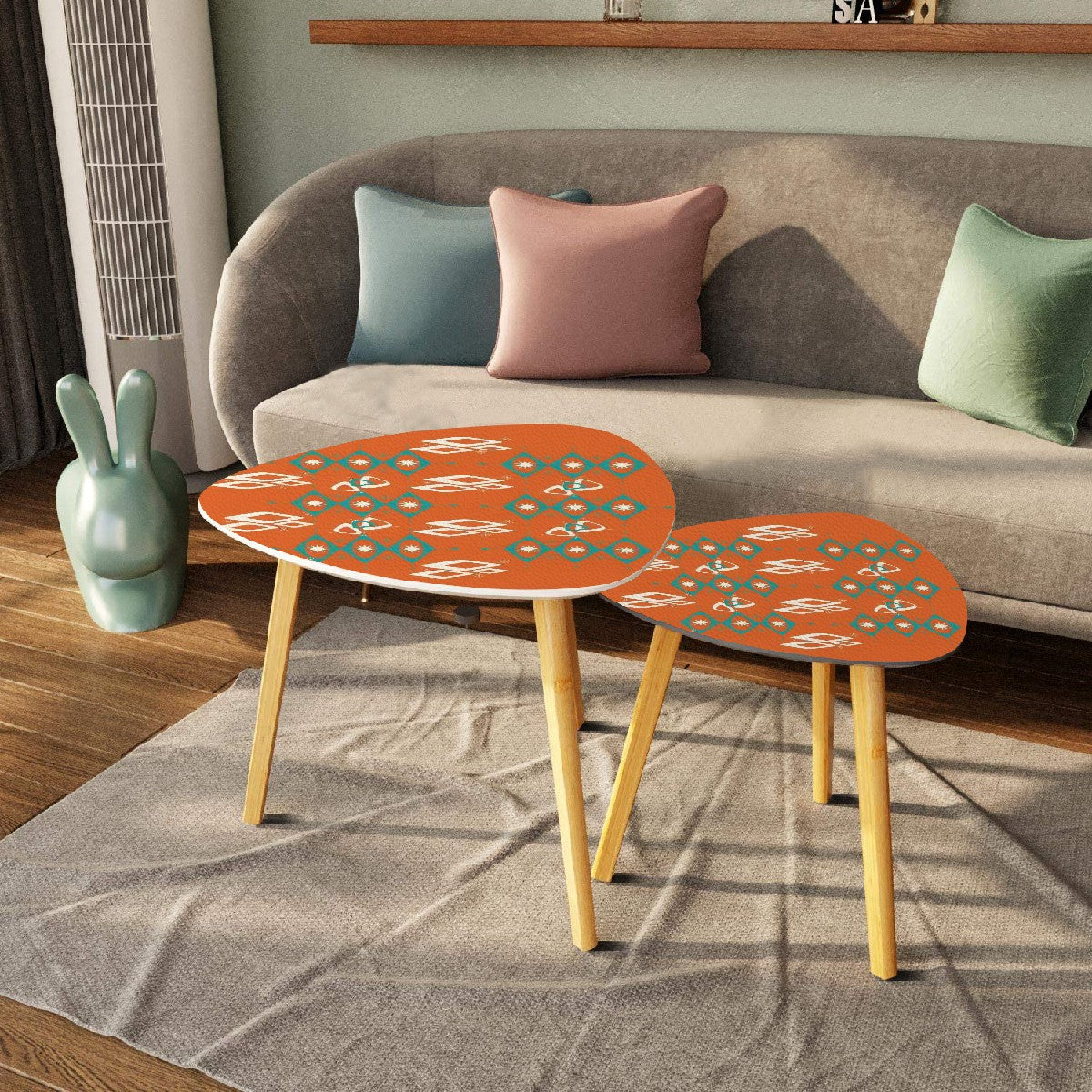 Mid Century Modern Furniture, Sinatra Orange, Teal Geometric Mid Mod Nesting Tables - Mid Century Modern Gal