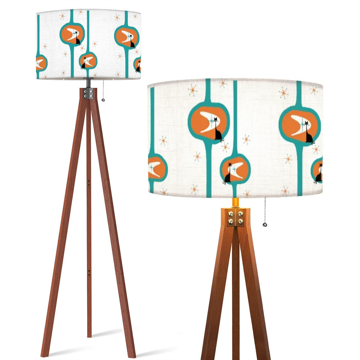 Mid Century Modernist, Atomic Cat, Orange Teal Kitschy Mod Tripod Floor Lamp