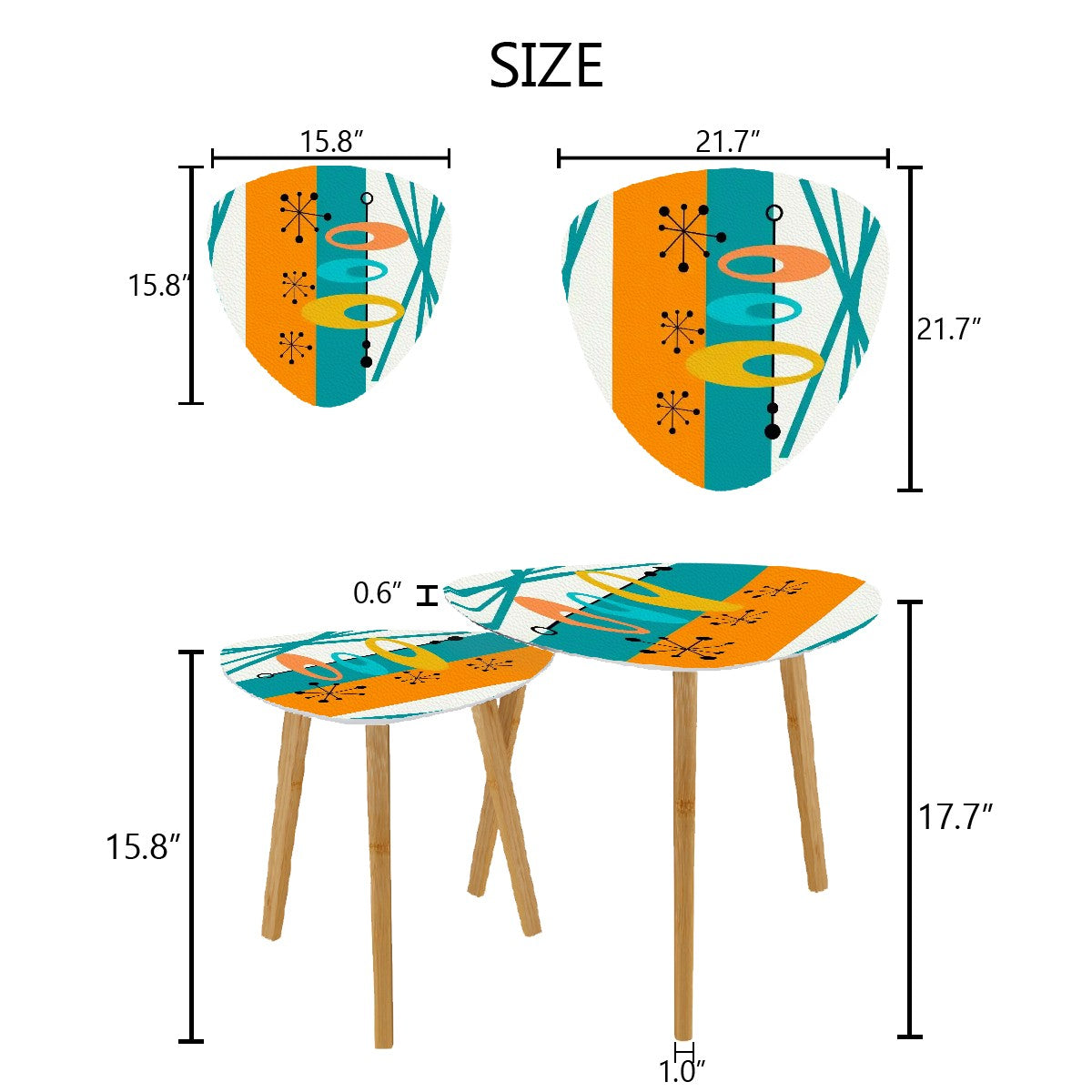 Atomic 50s Mid Century Modern Nesting Tables, Starburst, Geometric Orange Teal Design - Mid Century Modern Gal