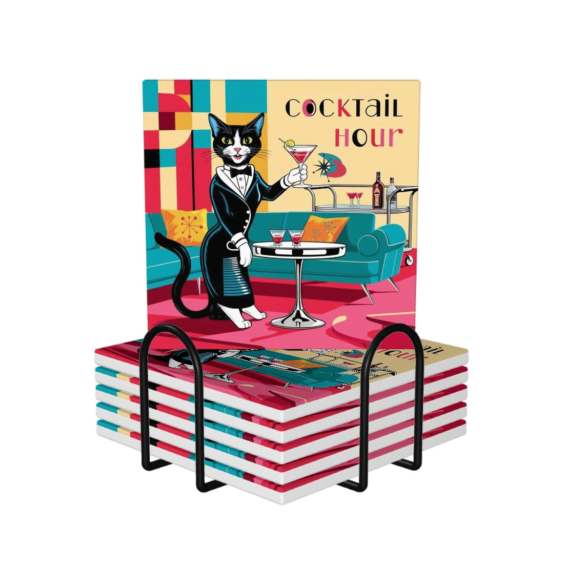 Mid Century Modern Barware Kitschy Cat Atomic Cocktail Hour Square Ceramic Coasters Set of 6 - Mid Century Modern Gal