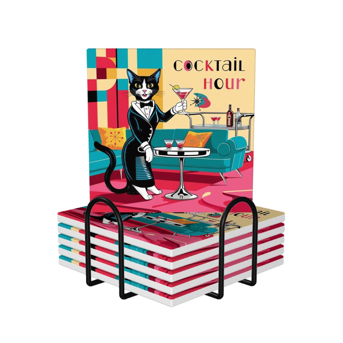 Mid Century Modern Barware Kitschy Cat Atomic Cocktail Hour Square Ceramic Coasters Set of 6 - Mid Century Modern Gal
