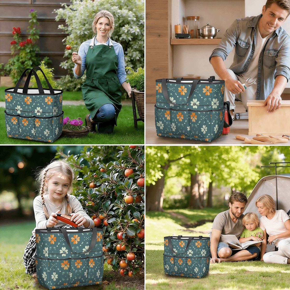 Mid Century Modern Scandinavian Blue, Orange Cream Retro Floral Garden Tool Bag - Mid Century Modern Gal