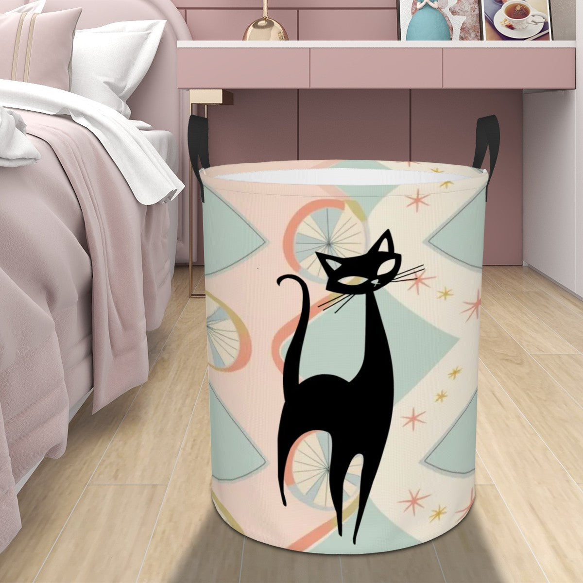 Mid Century Modern Atomic Cat, Retro Mod Storage Laundry Basket