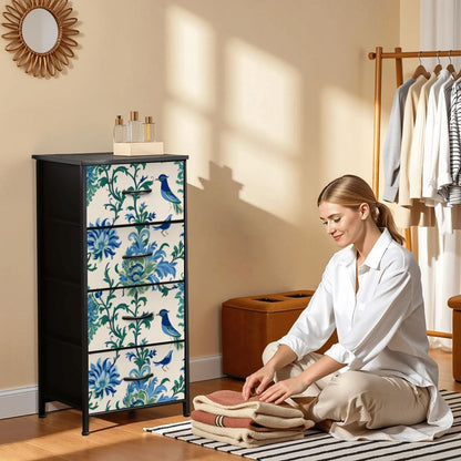 Chinoiserie Botanical Garden Birds, Blue, Green Asian Inspired Modern 4-Drawer Dresser - Mid Century Modern Gal