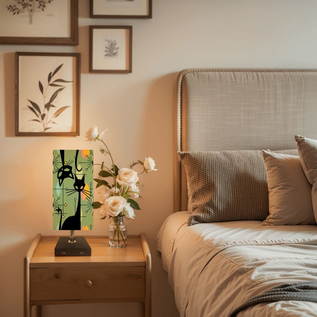 Atomic Starburst Atomic Cat Green Yellow Sputnik Designed MCM Square Table Lamp with USB Ports - Mid Century Modern Gal