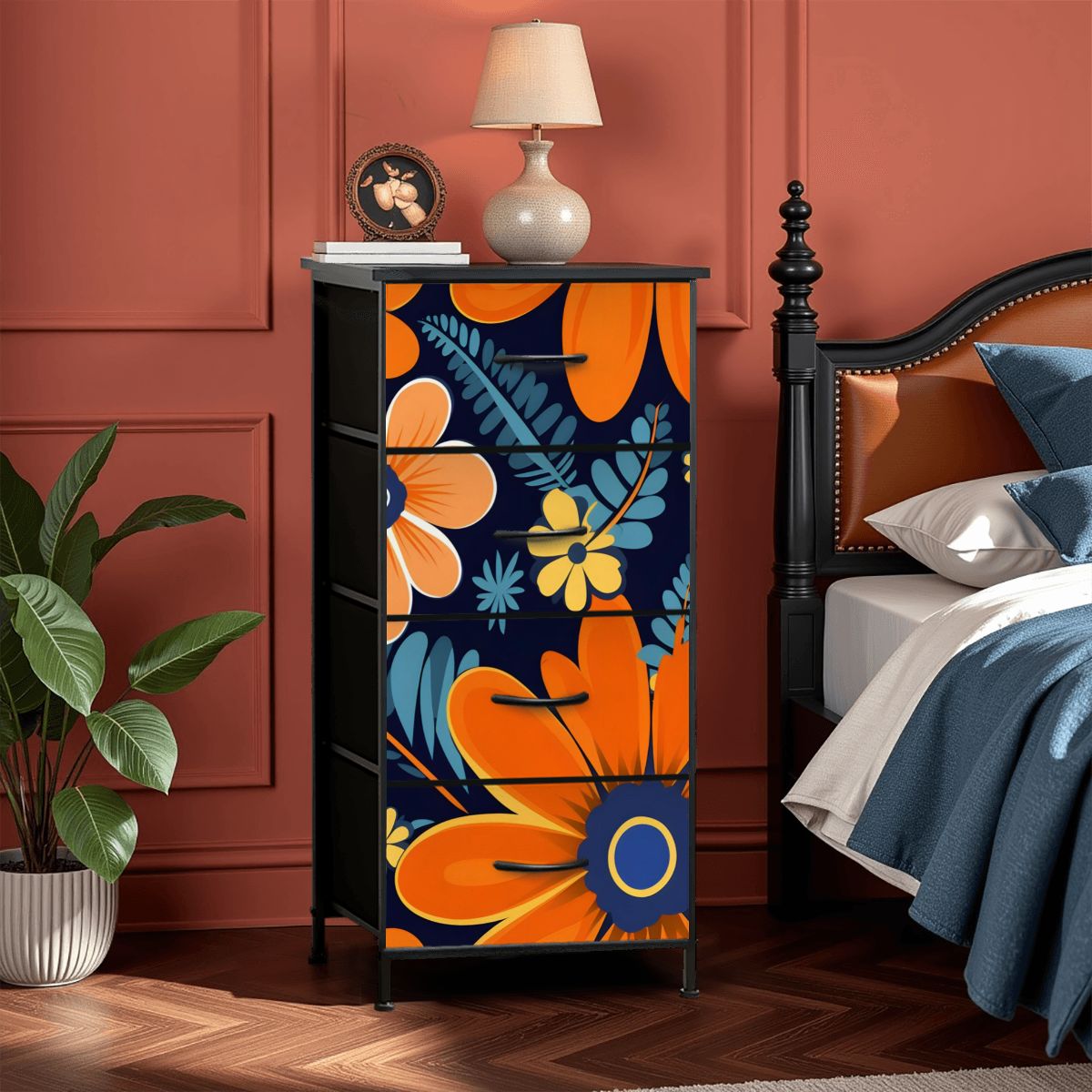 Bohemian Floral Navy Blue, Orange, Retro 4-Drawer Dresser - Mid Century Modern Gal