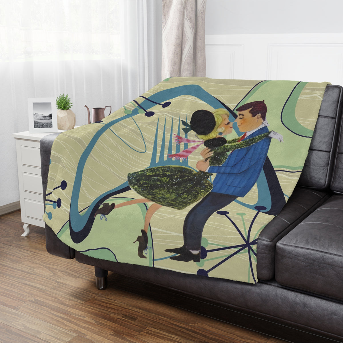 50s Vintage Kitschy Christmas Atomic Boomerang Mod Couple, Christmas Blanket Throw MCM X-mas Gifts - Mid Century Modern Gal
