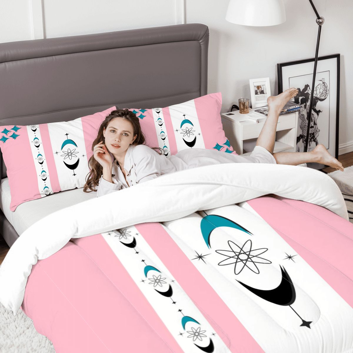 Mid Century Modern Atomic Pink Starburst Retro Mod Queen Comforter Set - Mid Century Modern Gal