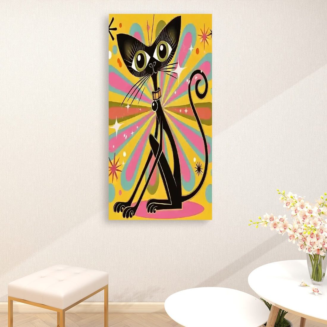 Atomic Groovy Cat Wall Art, Kitschy Retro Quirky Cat Lover Large Canvas Print - Mid Century Modern Gal