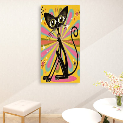 Atomic Groovy Cat Wall Art, Kitschy Retro Quirky Cat Lover Large Canvas Print - Mid Century Modern Gal