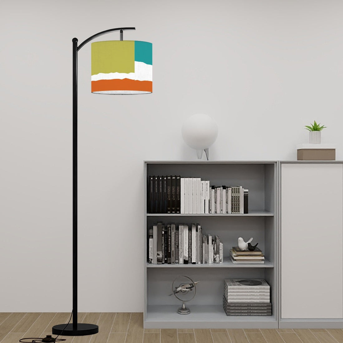 Mid Century Modern Patchwork Green, Teal, Orange MCM Arc Floor Lamp - Mid Century Modern Gal